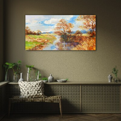 Foto op glas Herfstlandschap aan de rivier