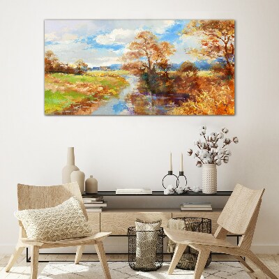 Foto op glas Herfstlandschap aan de rivier