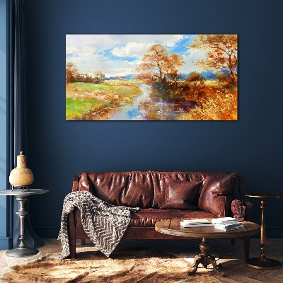 Foto op glas Herfstlandschap aan de rivier