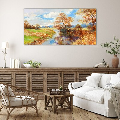 Foto op glas Herfstlandschap aan de rivier