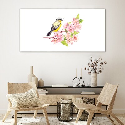 Schilderij op glas Een vogel op een tak met bloemen