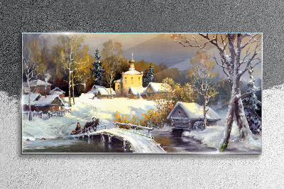 Glas foto Winterlandschap met een dorpskerk