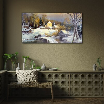 Glas foto Winterlandschap met een dorpskerk