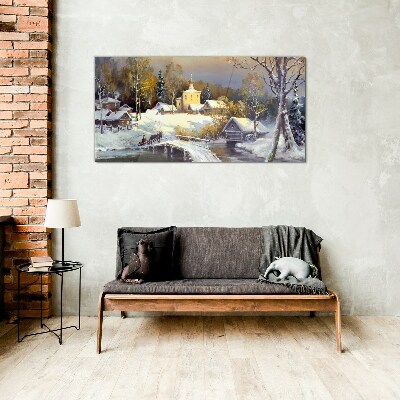 Glas foto Winterlandschap met een dorpskerk