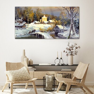 Glas foto Winterlandschap met een dorpskerk