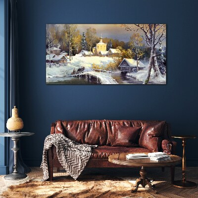 Glas foto Winterlandschap met een dorpskerk