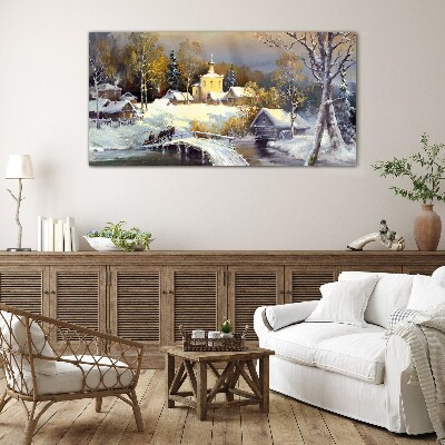 Glas foto Winterlandschap met een dorpskerk