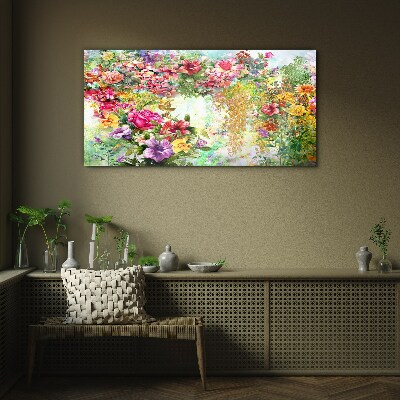 Foto op glas Een bloemenparadijs in pastelkleuren