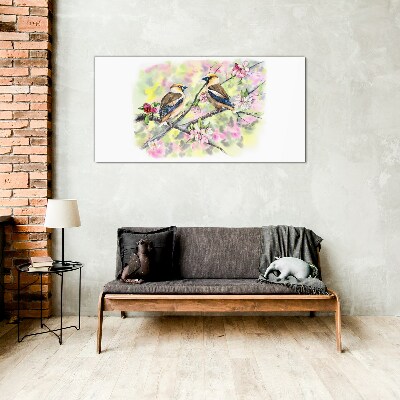 Schilderij op glas Vogels op een tak met bloemen