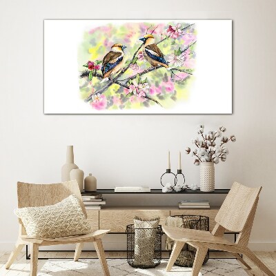 Schilderij op glas Vogels op een tak met bloemen