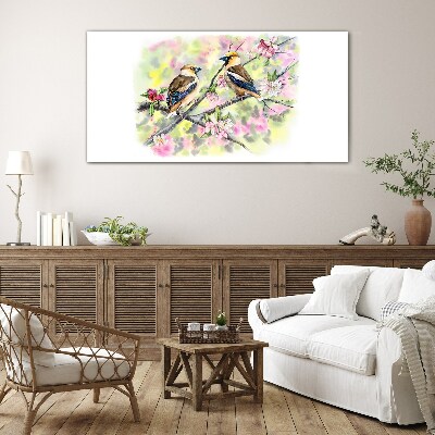 Schilderij op glas Vogels op een tak met bloemen