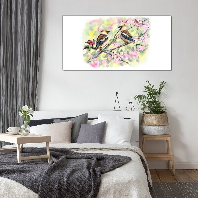 Schilderij op glas Vogels op een tak met bloemen