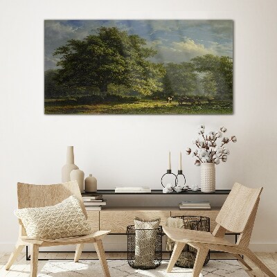 Schilderij op glas Een vredig landschap met een boom