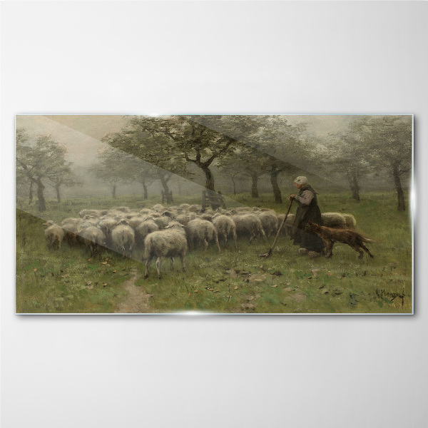 Glas foto Schapen grazen in een mystiek landschap