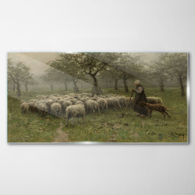 Glas foto Schapen grazen in een mystiek landschap