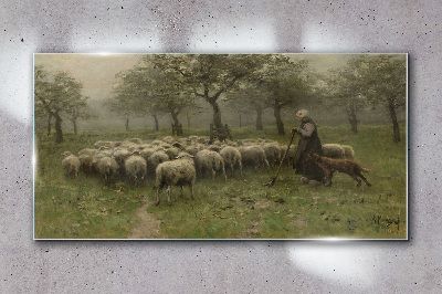 Glas foto Schapen grazen in een mystiek landschap
