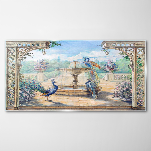 Glas foto Landschap met een pauw en een fontein
