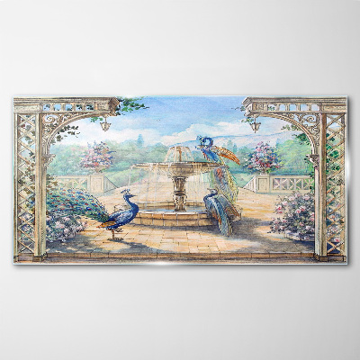 Glas foto Landschap met een pauw en een fontein