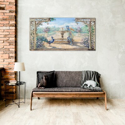 Glas foto Landschap met een pauw en een fontein