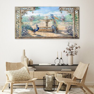 Glas foto Landschap met een pauw en een fontein