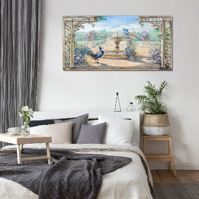 Glas foto Landschap met een pauw en een fontein