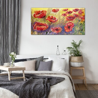 Foto op glas Rode klaprozen tegen de zon