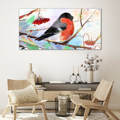 Foto op glas Een vrolijke vogel op een tak