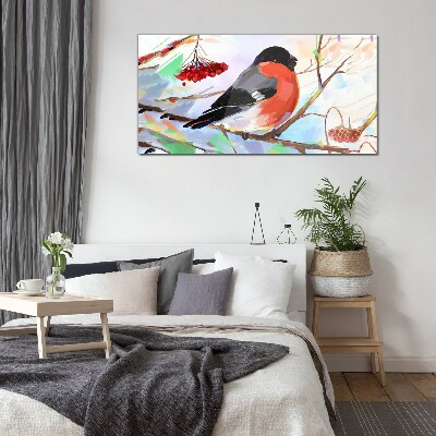 Foto op glas Een vrolijke vogel op een tak