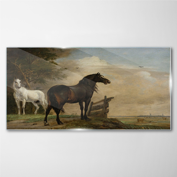 Schilderij op glas Een vredig landschap met paarden