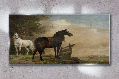 Schilderij op glas Een vredig landschap met paarden