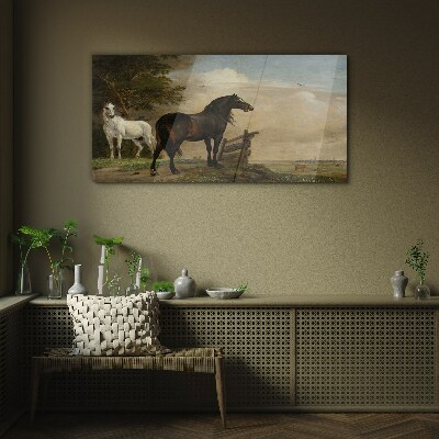 Schilderij op glas Een vredig landschap met paarden