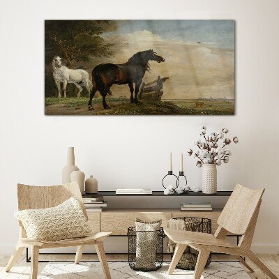 Schilderij op glas Een vredig landschap met paarden