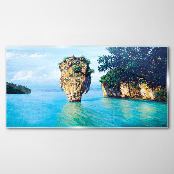 Foto op glas Een kalme baai met een hoge rots