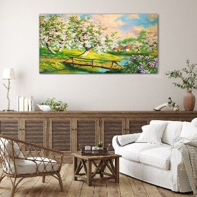 Schilderij op glas Lentelandschap met een brug