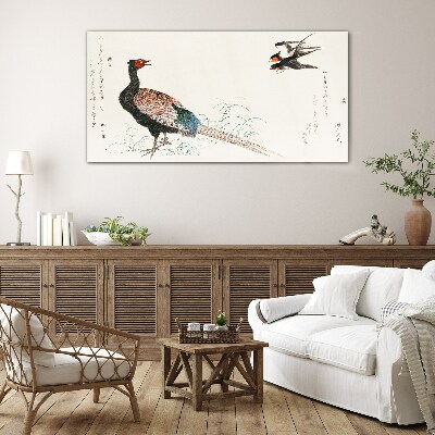 Schilderij op glas Pauwendans in het lentelandschap