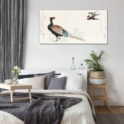 Schilderij op glas Pauwendans in het lentelandschap