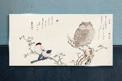 Glas foto Vogels en een uil op een tak