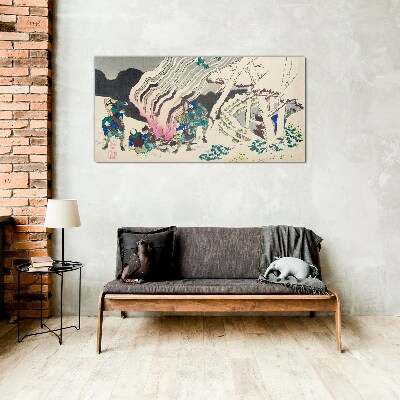 Glas foto Winterlandschap met mensen rond een kampvuur