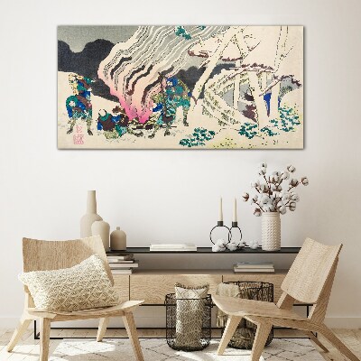 Glas foto Winterlandschap met mensen rond een kampvuur