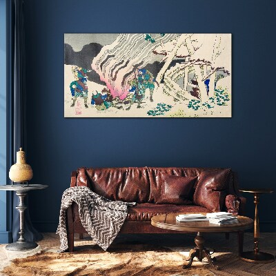 Glas foto Winterlandschap met mensen rond een kampvuur