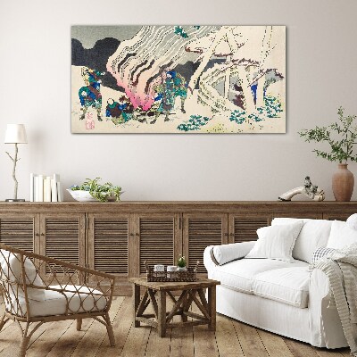 Glas foto Winterlandschap met mensen rond een kampvuur