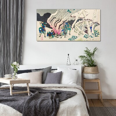 Glas foto Winterlandschap met mensen rond een kampvuur