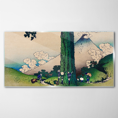 Glas foto Japans dorp met een vulkaan