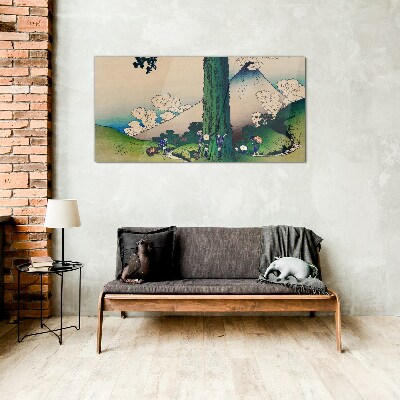 Glas foto Japans dorp met een vulkaan