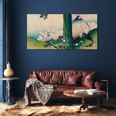 Glas foto Japans dorp met een vulkaan