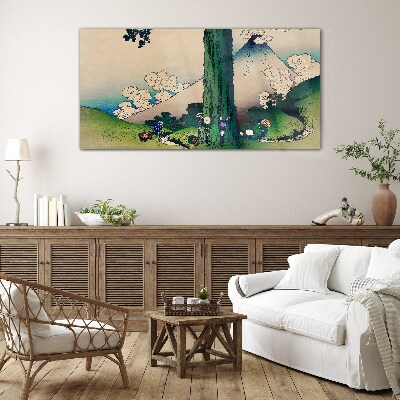 Glas foto Japans dorp met een vulkaan