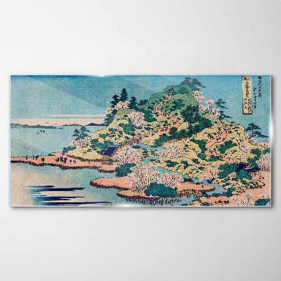 Foto op glas Berglandschap met bloeiende bomen