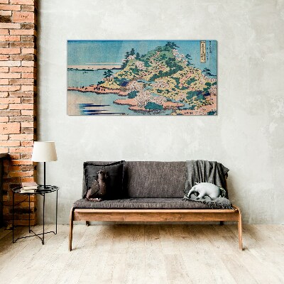 Foto op glas Berglandschap met bloeiende bomen