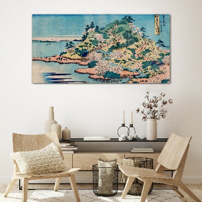 Foto op glas Berglandschap met bloeiende bomen