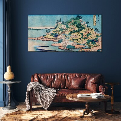 Foto op glas Berglandschap met bloeiende bomen